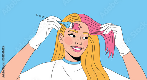 Young woman happily dyeing her blonde hair with bright pink streaks using a brush and wearing protective white gloves.