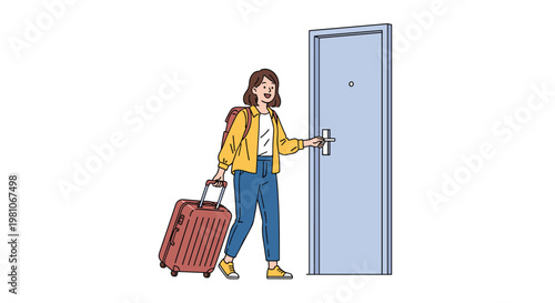Young woman with a backpack and a brown suitcase opening a blue door to enter her new apartment or travel destination.