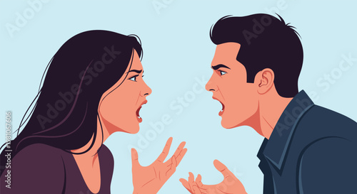 Man and woman shouting at each other during a heated argument with angry facial expressions and frustrated body language.