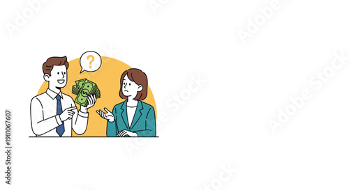 Smiling businessman offering a stack of money to a skeptical woman who looks unsure about accepting the financial bribe.