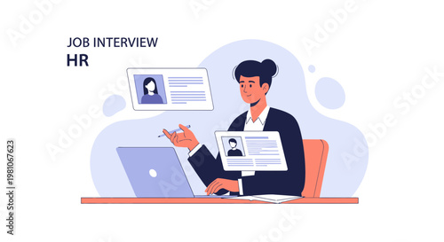 HR Manager Conducting Job Interview, Reviewing Resumes on Laptop