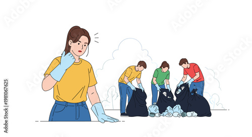 Group of dedicated volunteers wearing gloves and picking up trash to clean up a public park, promoting environmental care.