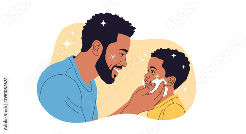 Loving father gently washing his young son's face with soap, representing daily hygiene routines and parental care.