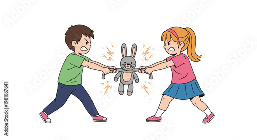 Grumpy boy and girl pulling on a stuffed rabbit toy from opposite sides, representing sibling rivalry and fighting.