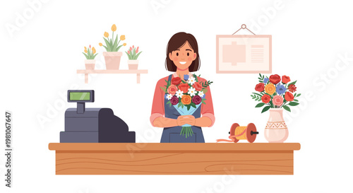 Smiling female florist holding a beautiful colorful flower bouquet standing behind a shop counter with a cash register and plants.