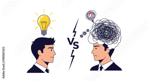 Conceptual comparison between a man with a bright light bulb idea and another man with tangled, confused thoughts.