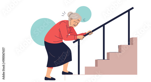 Senior woman having difficulty climbing up the stairs while holding onto the handrail expressing pain or fatigue in a house.