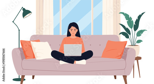 Young woman sitting comfortably on a purple sofa working on her laptop in a cozy living room with a houseplant and lamp.