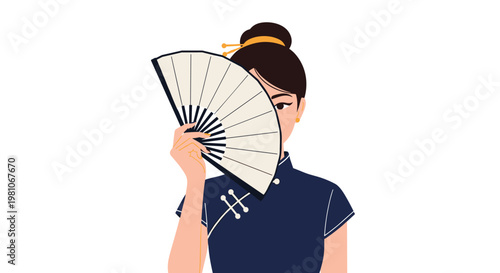 Elegant woman wearing a traditional blue dress hiding her face behind a white folding fan with only her eyes visible.