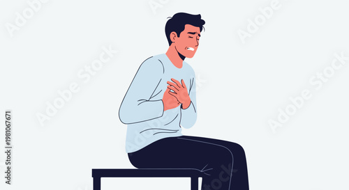 Man clutching chest in pain while sitting on a bench, heart attack illustration