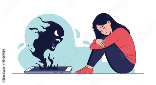 Sad teenage girl sitting on the floor crying while a dark shadow monster emerges from her smartphone symbolizing cyberbullying.