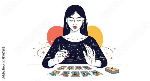 Mysterious woman fortune teller sitting at a table reading tarot cards with magical sparkles and stars floating around her.