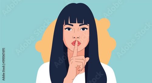 Young woman with long dark hair looking at the camera and making a quiet shushing gesture with her finger over her lips.