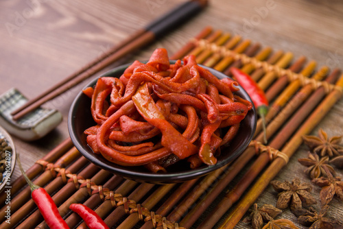 Bild auf Leinwand Spicy Duck Intestines In Chili Oil Sichuan Style
