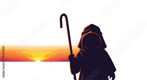 A dark silhouette of a shepherd holding a tall crook stands against a bright horizon where the sun is just beginning to rise or set in the background.