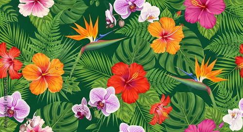 Vibrant tropical flowers and leaves fill the frame with colorful blooms