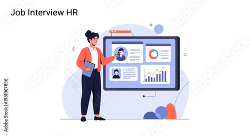 HR manager reviews candidate profiles and analytics on a digital screen for job interview