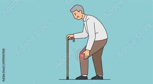 An elderly man leans on a walking stick, clutching his painful knee in a cartoon