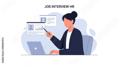 HR professional analyzing data and resumes on laptop for job interview