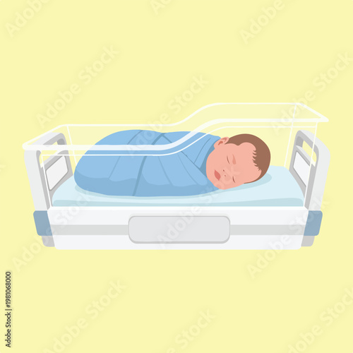 A newborn baby swaddled in blue sleeping peacefully in a clear hospital bassinet