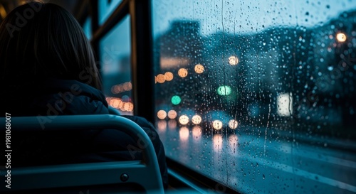 Person sitting on a rainy city bus.