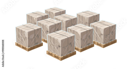 Multiple brown cardboard boxes stacked on wooden pallets and wrapped in clear protective plastic are arranged in a neat grid on a sterile white floor.