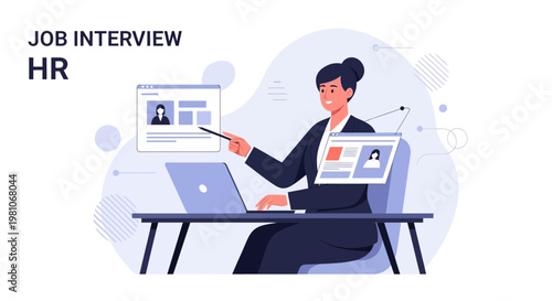 HR professional conducting online job interview on laptop, reviewing candidate profile