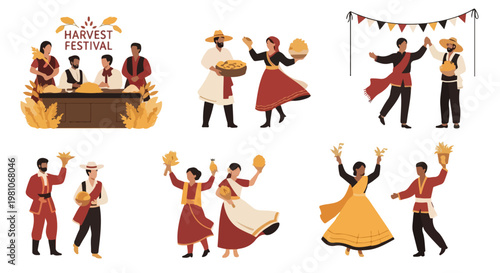Flat vector people celebrate a traditional harvest festival with food and dance