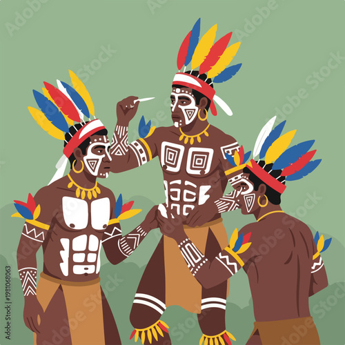 Tribal men wearing feathered headdresses and intricate white ritual body paint