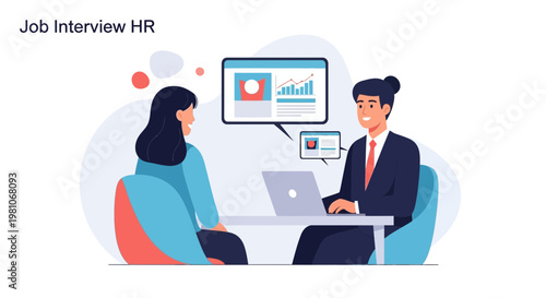 Job Interview HR: Applicant and Recruiter Discussing Career Opportunities with Data Charts
