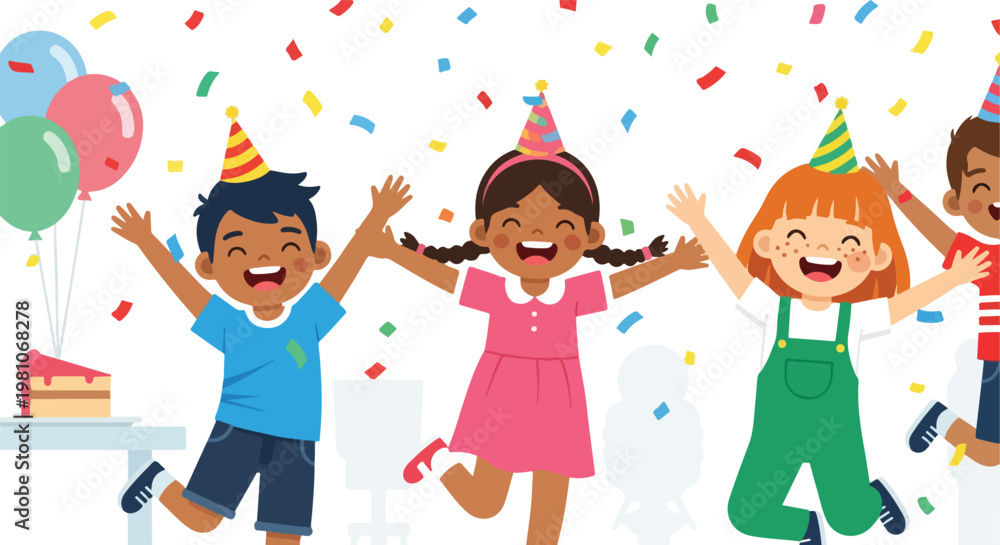 Fototapeta premium Small group of diverse kids celebrating a fun birthday party with confetti cake