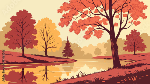Peaceful Autumn Landscape with Calm River and Vibrant Orange Trees in Vector Style