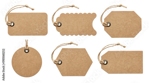 Craft paper luggage tag or price label, blank brown vintage paper tags with rope string png set