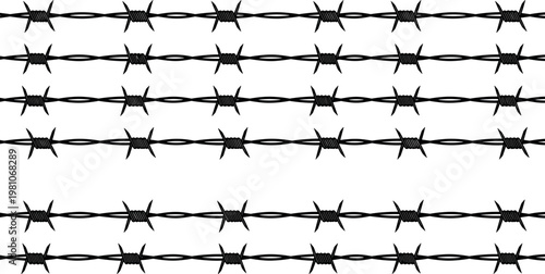 Barbed wire fence vector set with sharp black security barrier lines isolated military border protection design elements
