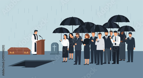 Mourners with umbrellas at a rainy funeral ceremony with priest and coffin