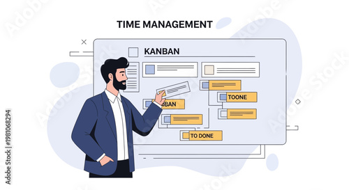 Kanban Board Time Management Strategy: Businessman Explains Workflow