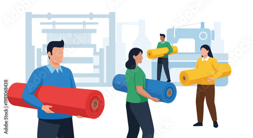 Garment workers carrying large fabric rolls in textile factory flat illustration