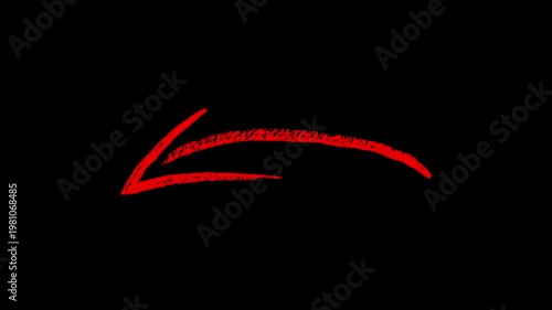 hand drawn red left arrow brush painted sketch doodle animation, vector illustration of an abstract red arrow on black background. red mark highlight arrowhead direction animation 