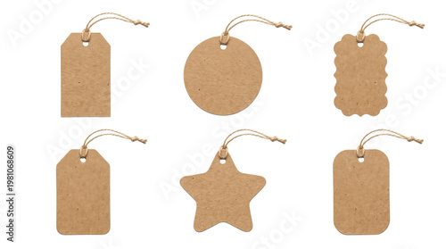 Craft paper price label set, blank brown vintage paper tags with rope string for text png set