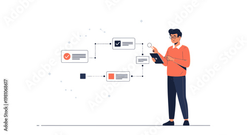 Man analyzing flowchart on tablet, business process, workflow, strategy, planning