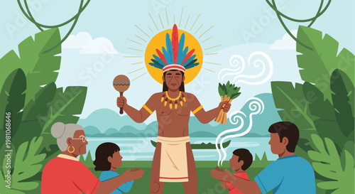 Indigenous shaman performs a sacred ritual for a family in a tropical rainforest
