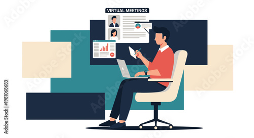 Man attending virtual meeting on laptop, remote work concept, online communication