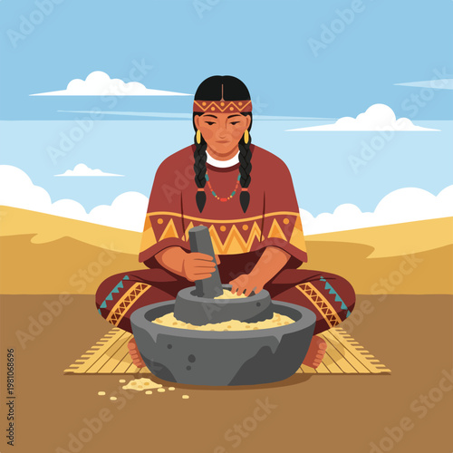 Indigenous woman in traditional dress grinding grain in an open desert landscape