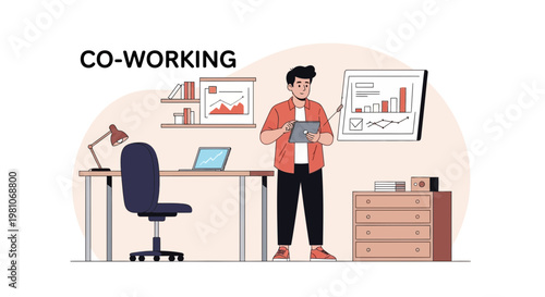 Man in co-working space presenting business growth charts on tablet and whiteboard