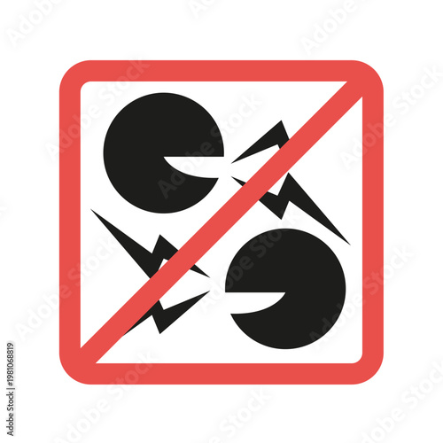 No talking or loud noise sign, a red square with a diagonal line through two talking heads.