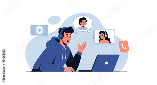 Man in headset video conferencing with colleagues on laptop, online communication