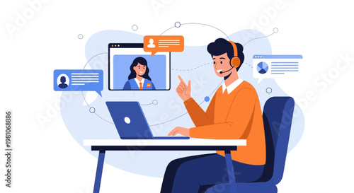 Man in headset working on laptop, video call with colleagues, online communication concept