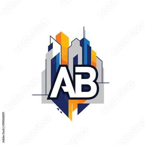 Dynamic Initial Letters AB Logo with Abstract Cityscape Elements in Blue Orange on Isolated White Background