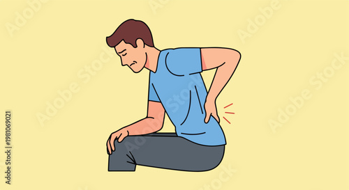 Man in blue shirt suffering from lower back pain, flat vector style illustration