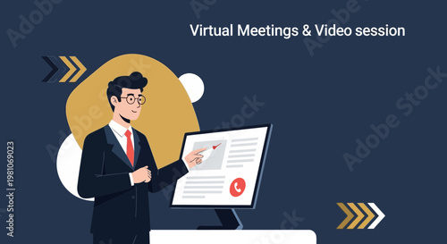 Man in suit presenting virtual meeting on computer screen, online conference concept